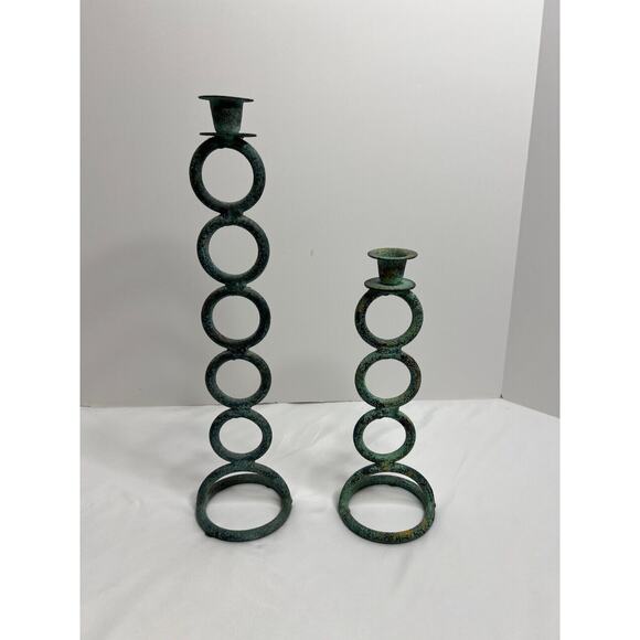 Set of 2 Green Tone Cast Iron Candle Holders, Unique Style! - Picture 1 of 7